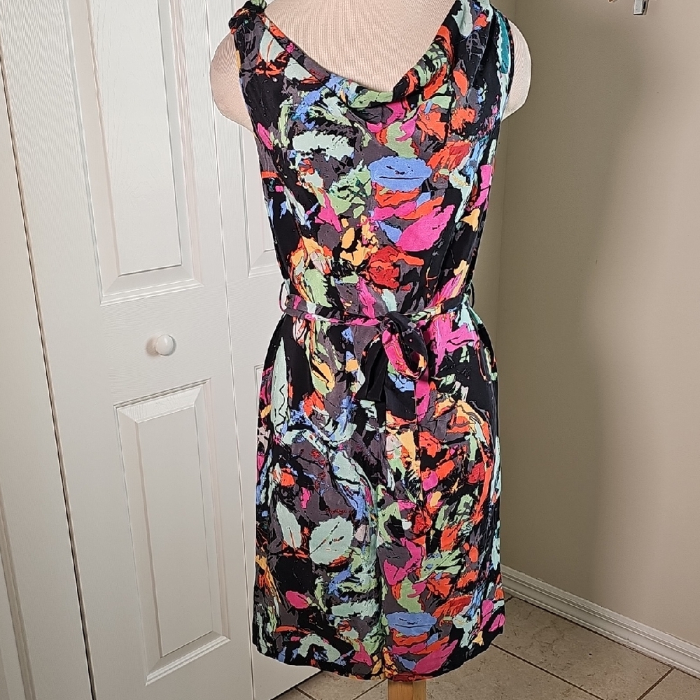 Presley Skye Colorful Abstract Midi Dress, Size Small. 100% Silk